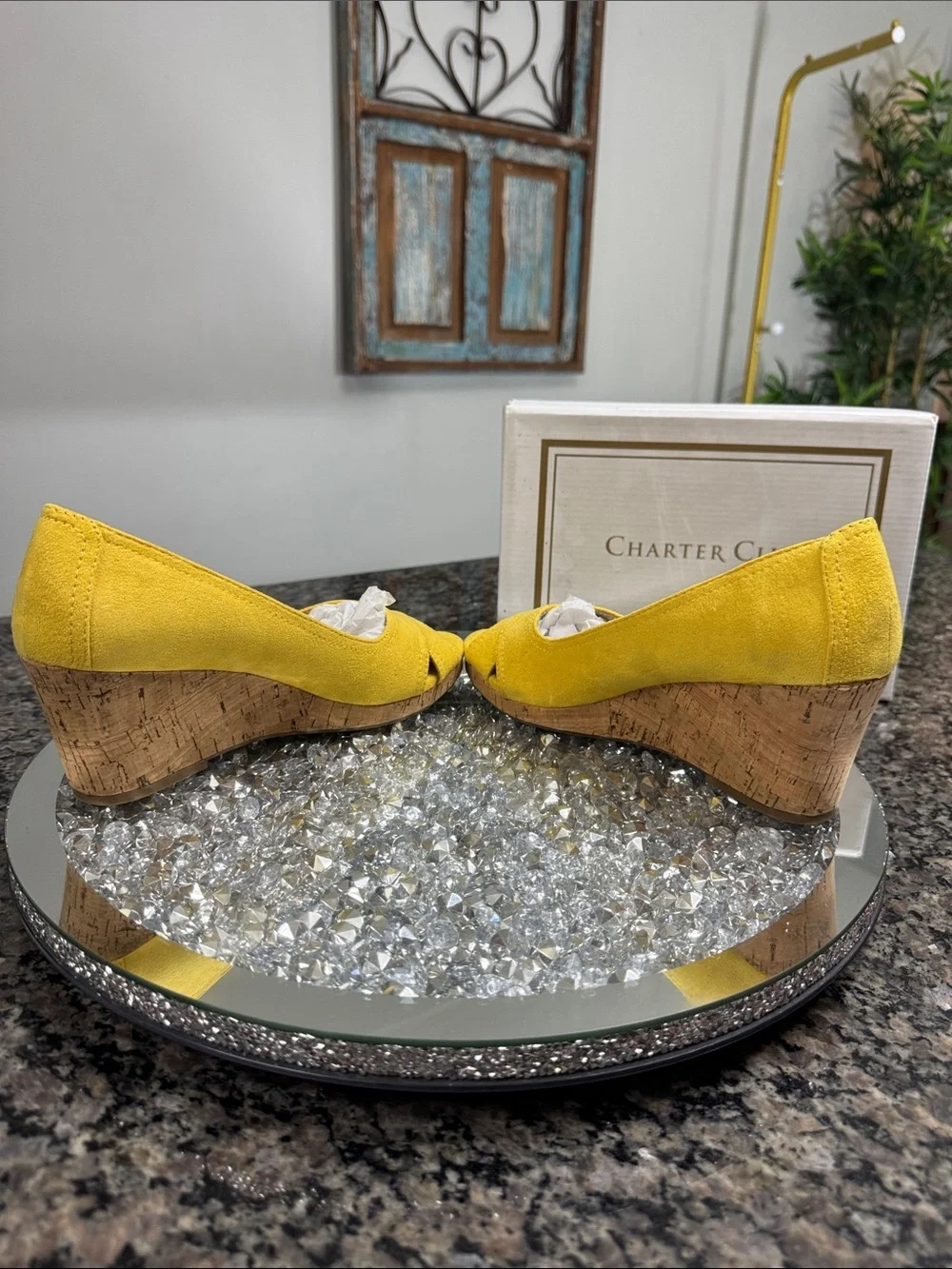 Charter Club Toniiem Yellow Cork Wedge Peep-Toe Heels NEW 8